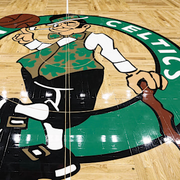 Feb 28, 2025; Boston, Massachusetts, USA; The Boston Celtics logo is seen on the court beofre the game between the Boston Celtics and the Cleveland Cavaliers at TD Garden. Mandatory Credit: Winslow Townson-Imagn Images