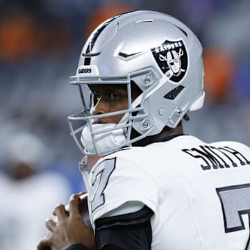 Nov 6, 2025; Denver, Colorado, USA; Las Vegas Raiders quarterback Geno Smith (7) practices before the game at Empower Field at Mile High. Mandatory Credit: Isaiah J. Downing-Imagn Images