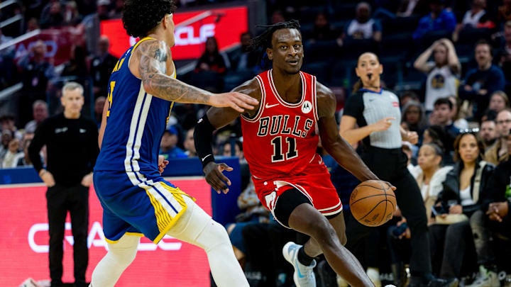 Mar 10, 2026; San Francisco, California, USA; Chicago Bulls forward Leonard Miller (11) drives during the fourth quarter against the Golden State Warriors at Chase Center. Mandatory Credit: Bob Kupbens-Imagn Images