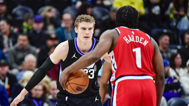 February 13, 2025; Salt Lake City, Utah, United States; Utah Jazz Forward / Center Lauri Markkanen (23) defends the goalkeeper of Clippers James Harden