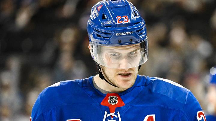 Mar 22, 2026; New York, New York, USA; New York Rangers defenseman Adam Fox (23) during the third period against the Winnipeg Jets at Madison Square Garden.