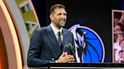 Aug 12, 2023; Springfield, MA, USA;  Dirk Nowitzki gives his speech as he is inducted into the 2023 Basketball Hall of Fame at Symphony Hall. Mandatory Credit: Eric Canha-Imagn Images