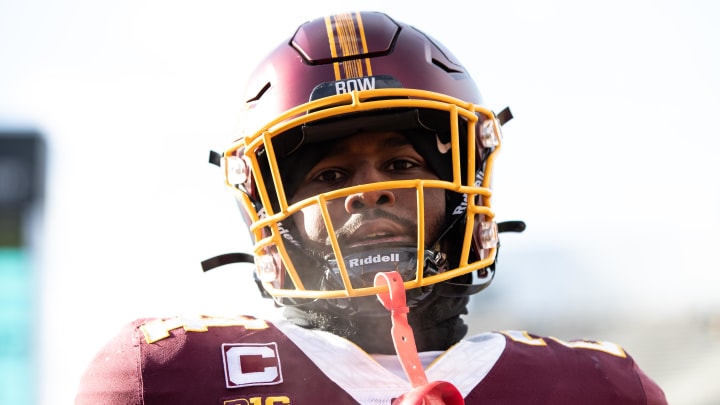 Nov 19, 2022; Minneapolis, Minnesota, USA; Minnesota Golden Gophers running back Mohamed Ibrahim (24) warms up before the game against the Iowa Hawkeyes at Huntington Bank Stadium. Mandatory Credit: Matt Krohn-USA TODAY Sports