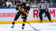 Jan 25, 2025; Vancouver, British Columbia, CAN; Vancouver Canucks defenseman Quinn Hughes (43) shoots against the Washington Capitals in the second period at Rogers Arena. Mandatory Credit: Bob Frid-Imagn Images