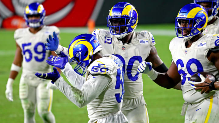 Nov 23, 2020; Tampa, Florida, USA;  Los Angeles Rams outside linebacker Samson Ebukam (50) celebrates after a sack during the third quarter against the Tampa Bay Buccaneers at Raymond James Stadium. Mandatory Credit: Kim Klement-USA TODAY Sports