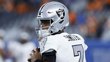 Nov 6, 2025; Denver, Colorado, USA; Las Vegas Raiders quarterback Geno Smith (7) practices before the game at Empower Field at Mile High. Mandatory Credit: Isaiah J. Downing-Imagn Images