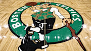 Feb 28, 2025; Boston, Massachusetts, USA; The Boston Celtics logo is seen on the court beofre the game between the Boston Celtics and the Cleveland Cavaliers at TD Garden. Mandatory Credit: Winslow Townson-Imagn Images