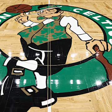 Feb 28, 2025; Boston, Massachusetts, USA; The Boston Celtics logo is seen on the court beofre the game between the Boston Celtics and the Cleveland Cavaliers at TD Garden. Mandatory Credit: Winslow Townson-Imagn Images