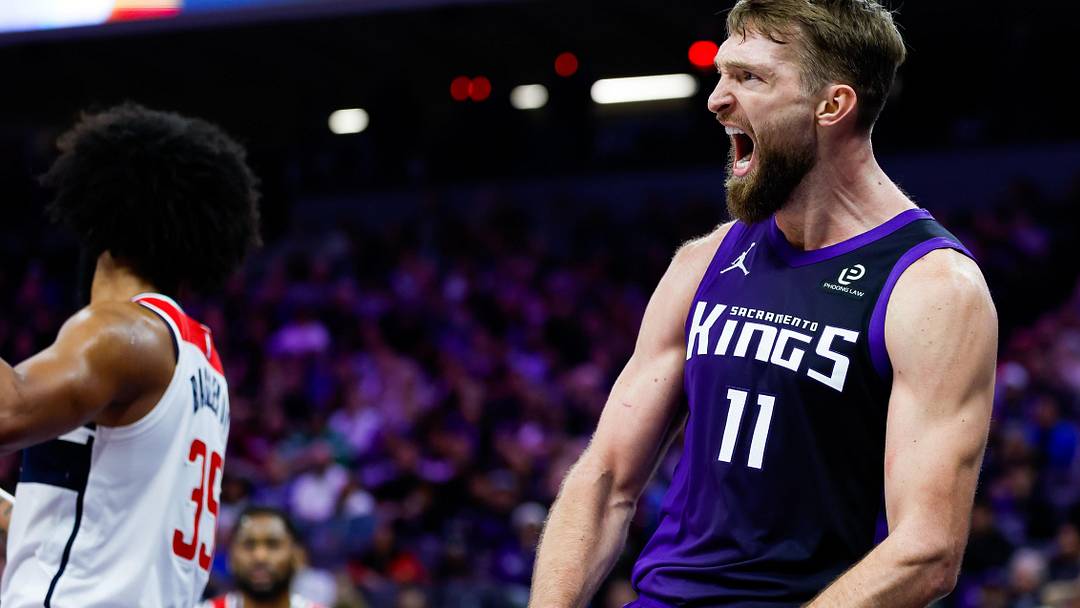Jan 16, 2026; Sacramento, California, USA; Sacramento Kings forward Domantas Sabonis (11) reacts after a play during the fourth quarter against the Washington Wizards at Golden 1 Center.