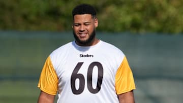 Sep 262025; MaynoothIreland; Pittsburgh Steelers offensive tackle Dylan Cook (60) during practice at Carton House. Mandatory Credit: Kirby Lee-Imagn Images