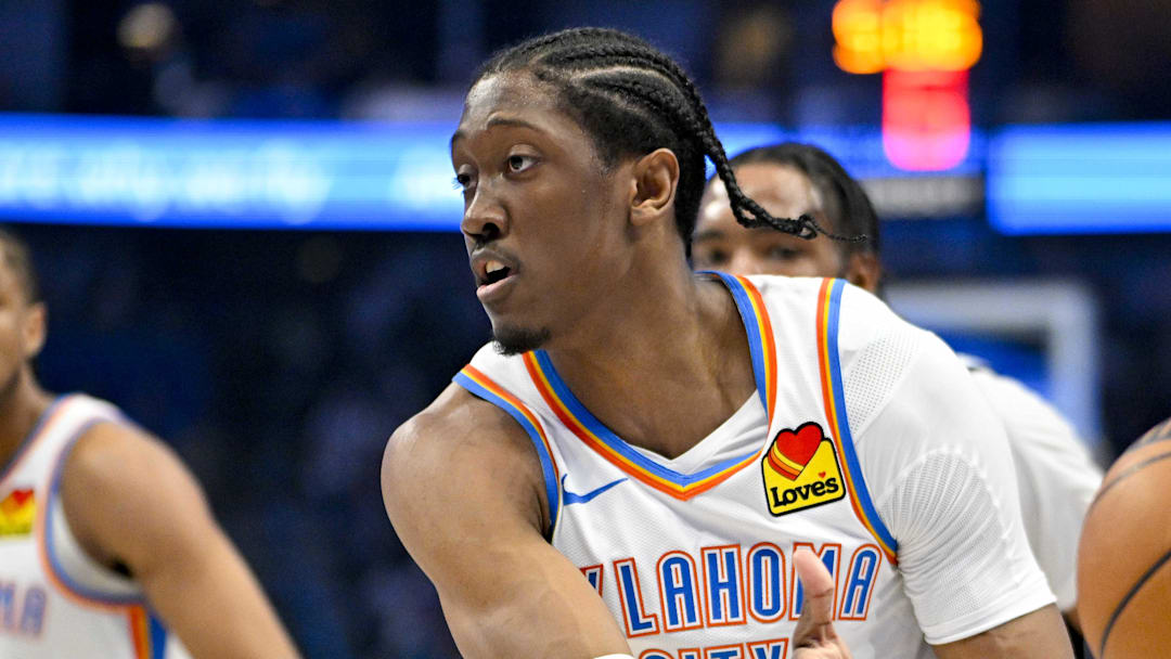 May 13, 2024; Dallas, Texas, USA; Oklahoma City Thunder forward Jalen Williams (8) passes the ball during the first quarter against the Dallas Mavericks in game four of the second round for the 2024 NBA playoffs at American Airlines Center. Mandatory Credit: Jerome Miron-Imagn Images