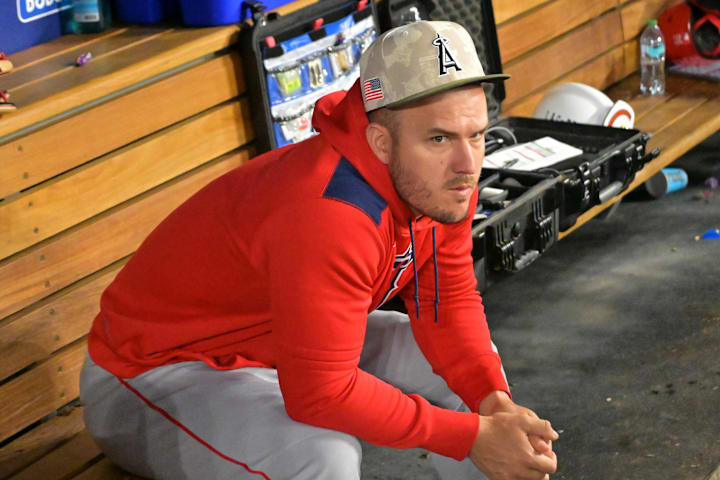 Los Angeles Angels right fielder Mike Trout in the dugout against the Los Angeles Dodgers.