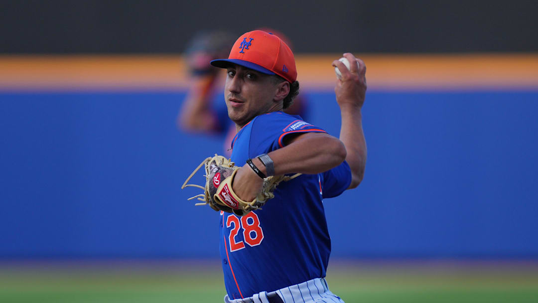 Mar 15, 2024; Port St. Lucie, Florida, USA; New York Mets pitcher Brandon Sproat (28) warms-up in the sixth inning against the Washington Nationals in the Spring Breakout game at Clover Park. Mandatory Credit: Jim Rassol-Imagn Images