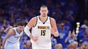 Nikola Jokic jogs during Game 7 of the Nuggets' playoff series against the Thunder.