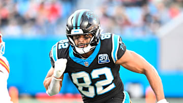 Nov 24, 2024; Charlotte, North Carolina, USA; Carolina Panthers tight end Tommy Tremble (82) on the field in the fourth quarter at Bank of America Stadium. Mandatory Credit: Bob Donnan-Imagn Images