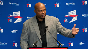 Sep 13, 2019; Philadelphia, PA, USA; Philadelphia 76ers great Charles Barkley speaks at the podium during the unveiling of a statue honoring him in a ceremony at the Philadelphia 76ers Training Complex. Mandatory Credit: Bill Streicher-Imagn Images
