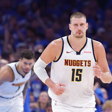 Nikola Jokic jogs during Game 7 of the Nuggets' playoff series against the Thunder.