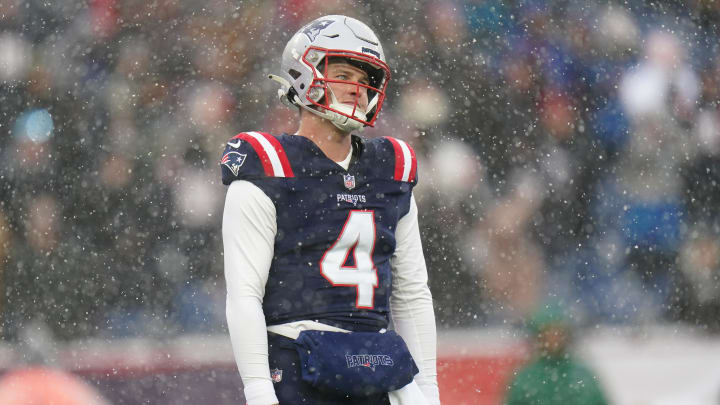Jan 7, 2024; Foxborough, Massachusetts, USA; New England Patriots quarterback Bailey Zappe (4) reacts after his pass against the New York Jets in the first quarter at Gillette Stadium. Mandatory Credit: David Butler II-USA TODAY Sports