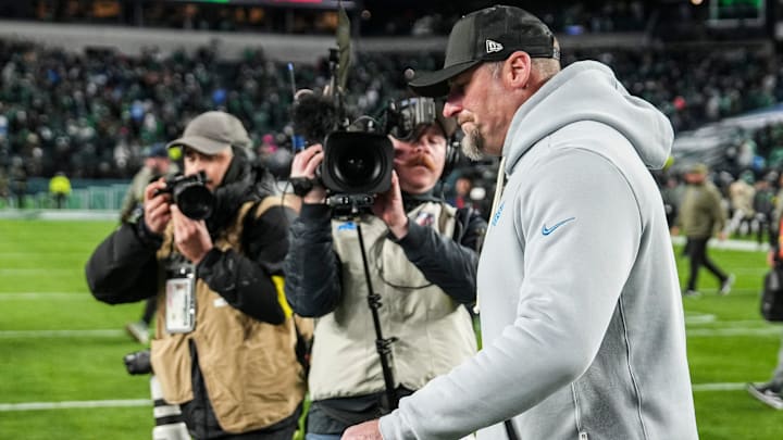 Dan Campbell walks off the field after his Lions suffered a Sunday Night Football defeat. Dan Campbell walks off the field after his Lions suffered a Sunday Night Football defeat.