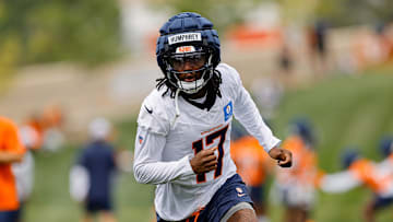 Jul 26, 2024; Wide receiver Lil'Jordan Humphrey (17) during training camp at Broncos Park Powered by CommonSpirit.  