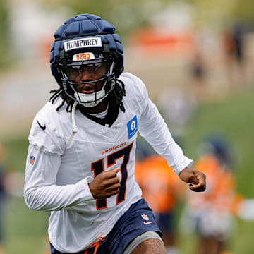 Jul 26, 2024; Wide receiver Lil'Jordan Humphrey (17) during training camp at Broncos Park Powered by CommonSpirit.  