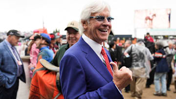 Trainer Bob Baffert laughs after talking with jockey Flavian Prat and the end of race 10 near the chute to the track as he waits for the 2025 Kentucky Derby at Churchill Downs in Louisville, Kentucky. He has Citizen Bull in the Derby, his first time back at Churchill Downs in three years. May 3, 2025