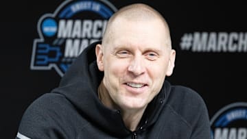 Mar 27, 2025; Indianapolis, IN, USA; Kentucky Wildcats head coach Mark Pope talks to the media during practice day at Lucas Oil Stadium. Mandatory Credit: Trevor Ruszkowski-Imagn Images