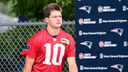 Jun 12, 2024; Foxborough, MA, USA;  New England Patriots quarterback Drake Maye (10) walks to practice at minicamp at Gillette Stadium.  Mandatory Credit: Eric Canha-USA TODAY Sports