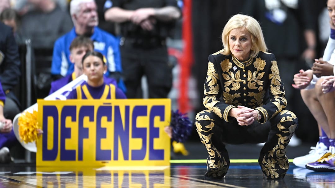 Mar 28, 2025; Spokane, WA, USA; LSU Lady Tigers head coach Kim Mulkey looks on against the NC State Wolfpack  during the second half of a Sweet 16 NCAA Tournament basketball game at Spokane Arena. Mandatory Credit: James Snook-Imagn Images