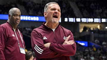 Mississippi State Bulldogs coach Chris Jans yells to the referee against the Missouri Tigers during the first half at Bridgestone Arena.
