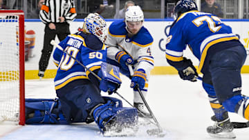 Dec 29, 2024; St. Louis, Missouri, USA;  St. Louis Blues goaltender Jordan Binnington (50) and defenseman Justin Faulk (72) defend the net against Buffalo Sabres defenseman Bowen Byram (4) during the first period at Enterprise Center. Mandatory Credit: Jeff Curry-Imagn Images