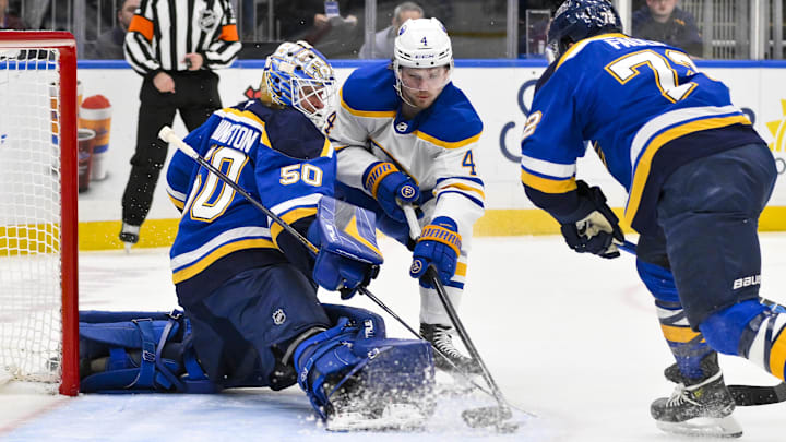 Dec 29, 2024; St. Louis, Missouri, USA;  St. Louis Blues goaltender Jordan Binnington (50) and defenseman Justin Faulk (72) defend the net against Buffalo Sabres defenseman Bowen Byram (4) during the first period at Enterprise Center. Mandatory Credit: Jeff Curry-Imagn Images