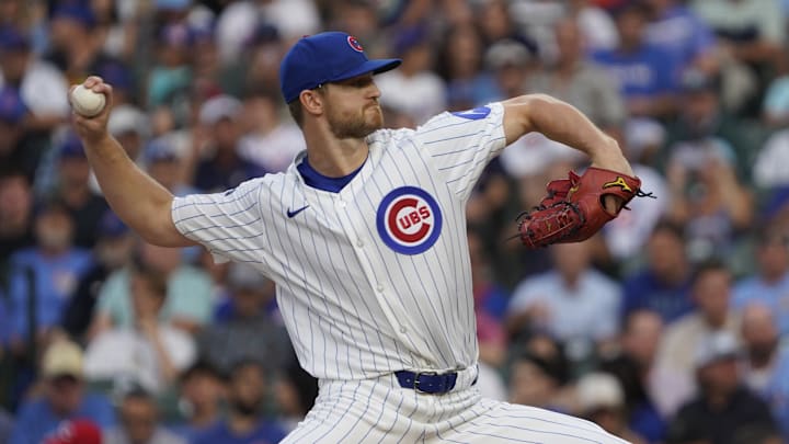 Aug 4, 2025; Chicago, Illinois, USA; Chicago Cubs pitcher Michael Soroka (41) throws the ball against the Cincinnati Reds during the first inning at Wrigley Field. 