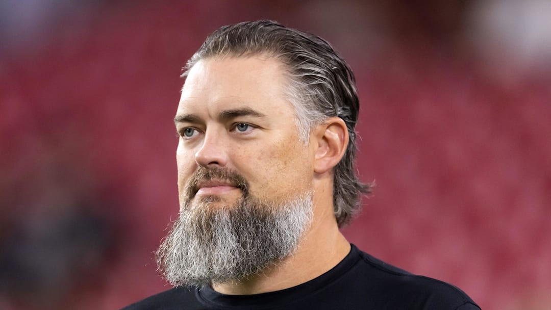 Aug 23, 2025; Glendale, Arizona, USA; Las Vegas Raiders offensive line coach Brennan Carroll against the Arizona Cardinals during a preseason NFL game at State Farm Stadium. Mandatory Credit: Mark J. Rebilas-Imagn Images