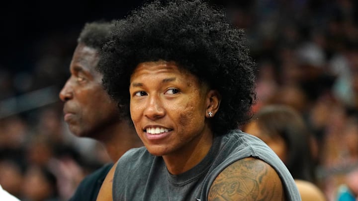 NBA player Marjon Beauchamp watches the games during the NABI National Championship game at the Footprint Center in Phoenix on July 27, 2024.