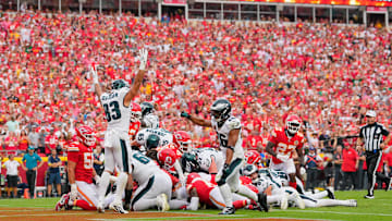 The Philadelphia Eagles celebrate after scoring a touchdown against the Kansas City Chiefs during the fourth quarter of the game at GEHA Field at Arrowhead Stadium.