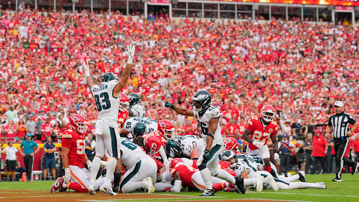 The Philadelphia Eagles celebrate after scoring a touchdown against the Kansas City Chiefs during the fourth quarter of the game at GEHA Field at Arrowhead Stadium.