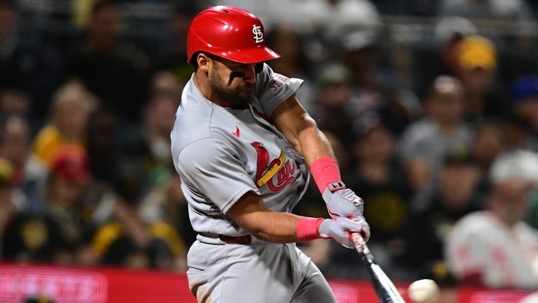 Apr 27, 2026; Pittsburgh, Pennsylvania, USA; St. Louis Cardinals second baseman Jose Fermin (15) hits a two RBI double during the ninth inning against the Pittsburgh Pirates at PNC Park. Mandatory Credit: David Dermer-Imagn Images