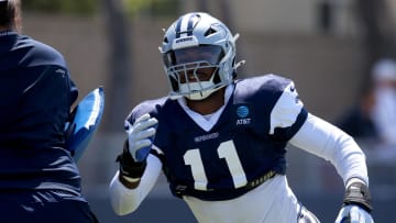 Jul 31, 2024; Oxnard, CA, USA; Dallas Cowboys linebacker Micah Parsons (11) runs a drill during training camp at the River Ridge Playing Fields in Oxnard, California.  Mandatory Credit: Jason Parkhurst-USA TODAY Sports