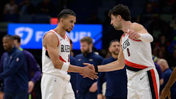 Jan 8, 2025; New Orleans, Louisiana, USA; Portland Trail Blazers forward Toumani Camara (33) celebrates with forward Deni Avdija (8) during the first half against the New Orleans Pelicans at Smoothie King Center. Mandatory Credit: Matthew Hinton-Imagn Images