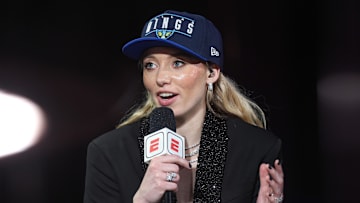 Apr 14, 2025; New York, New York, USA; Paige Bueckers is interviewed by ESPN after being selected with the number one overall pick to the Dallas Wings in the 2025 WNBA Draft at The Shed at Hudson Yards. Mandatory Credit: Vincent Carchietta-Imagn Images