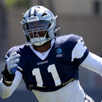 Jul 31, 2024; Oxnard, CA, USA; Dallas Cowboys linebacker Micah Parsons (11) runs a drill during training camp at the River Ridge Playing Fields in Oxnard, California.   