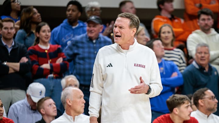 Feb 18, 2026; Stillwater, Oklahoma, USA; Kansas Jayhawks coach Bill Self reacts to game play during the first half against the Oklahoma State Cowboys at Gallagher-Iba Arena. Mandatory Credit: William Purnell-Imagn Images