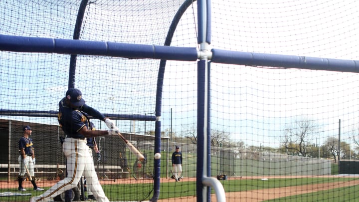 Milwaukee Brewers prospect Joe Gray Jr. takes a cut during minor league workouts at American Family