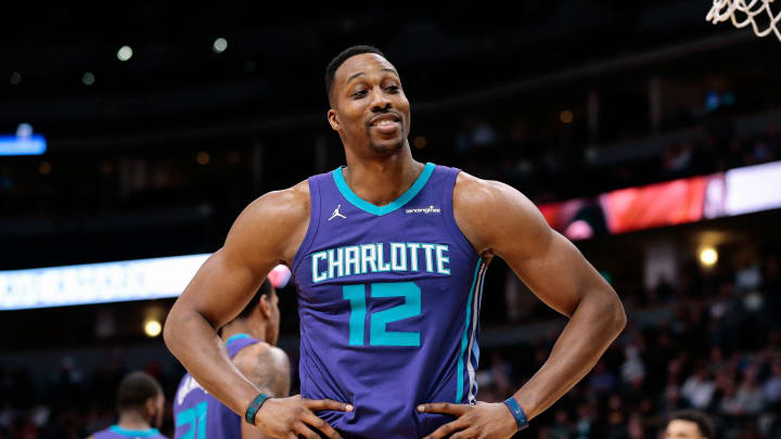 Feb 5, 2018; Denver, CO, USA; Charlotte Hornets center Dwight Howard (12) reacts after a play in the second quarter against the Denver Nuggets at the Pepsi Center. Mandatory Credit: Isaiah J. Downing-USA TODAY Sports