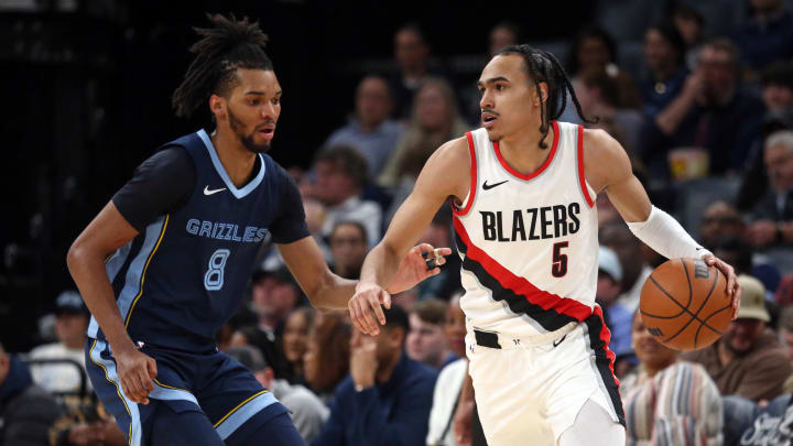 Mar 1, 2024; Memphis, Tennessee, USA; Portland Trail Blazers guard Dalano Banton (5) dribbles as Memphis Grizzlies forward Ziaire Williams (8) defends during the second half at FedExForum. Mandatory Credit: Petre Thomas-USA TODAY Sports