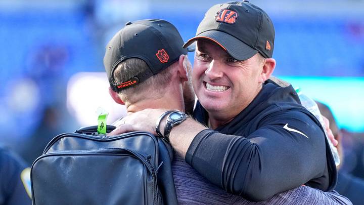Cincinnati Bengals head coach Zac Taylor celebrates a win after the fourth quarter of the NFL Week 7 game between the Baltimore Ravens and the Cincinnati Bengals at M&T Bank Stadium in Baltimore on Sunday, Oct. 25, 2026. The Bengals scored 35 points in the second half to win 35-13 on the road.