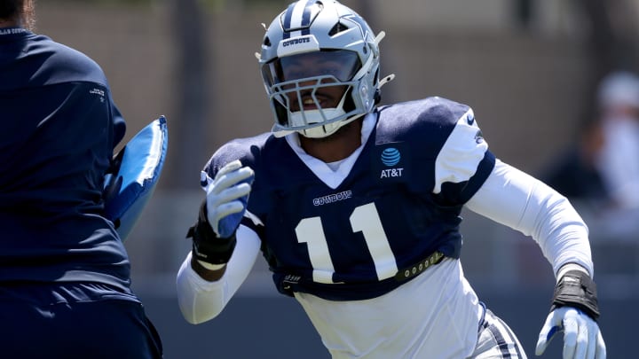 Jul 31, 2024; Oxnard, CA, USA; Dallas Cowboys linebacker Micah Parsons (11) runs a drill during training camp at the River Ridge Playing Fields in Oxnard, California.  