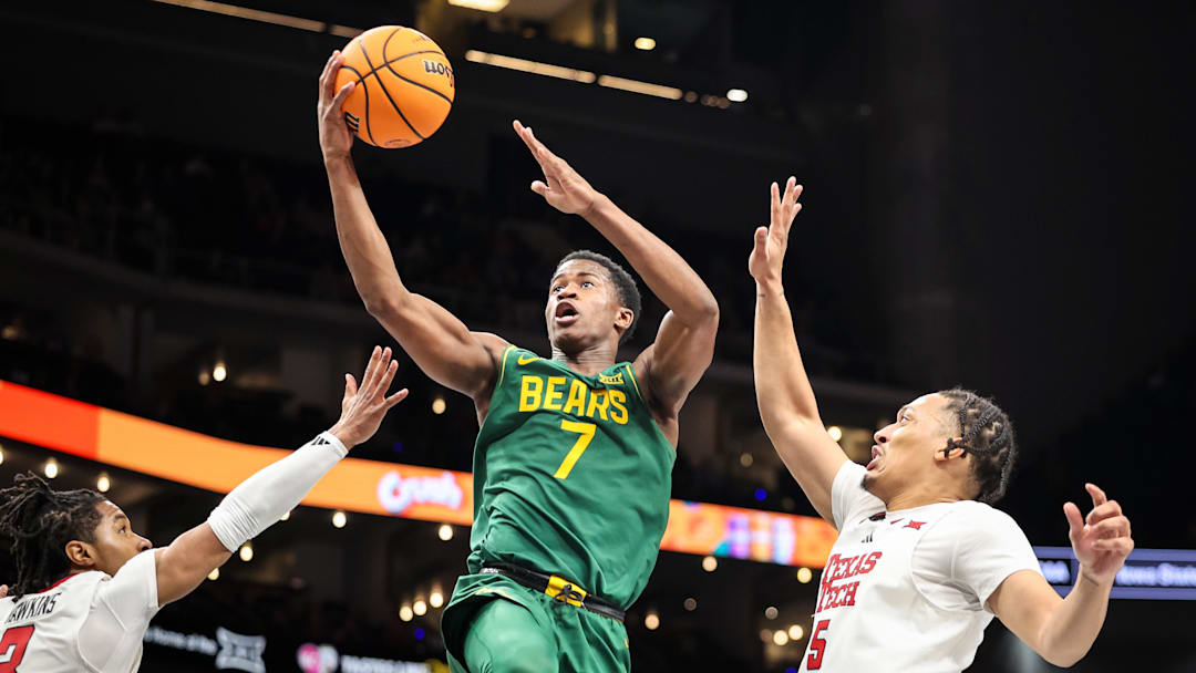Mar 13, 2025; Kansas City, MO, USA; Baylor Bears guard VJ Edgecombe (7) shoots the ball during the second half against the Texas Tech Red Raiders at T-Mobile Center. Mandatory Credit: William Purnell-Imagn Images