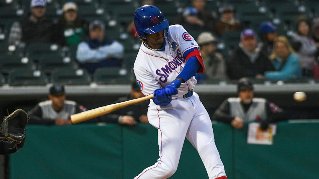 Tennessee Smokies' center fielder Kevin Alcantara (24) hits the ball during the last opening day game at the Tennessee Smokies Stadium on Friday, April 5, 2024 in Kodak, Tenn.